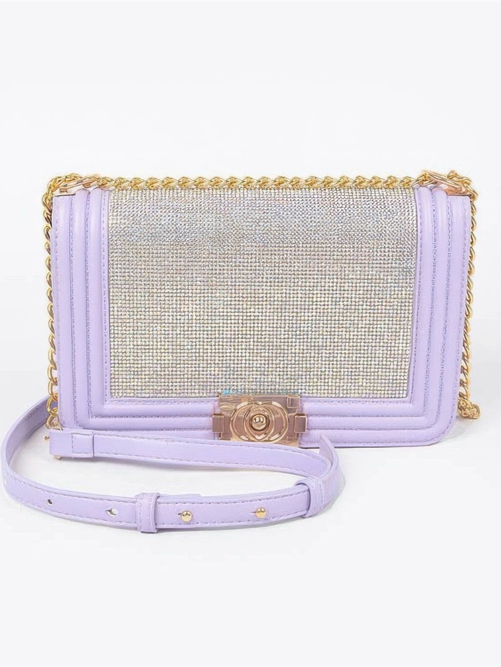 NWT Lavender Crystal-Front Crossbody Bag with Gold Chain
